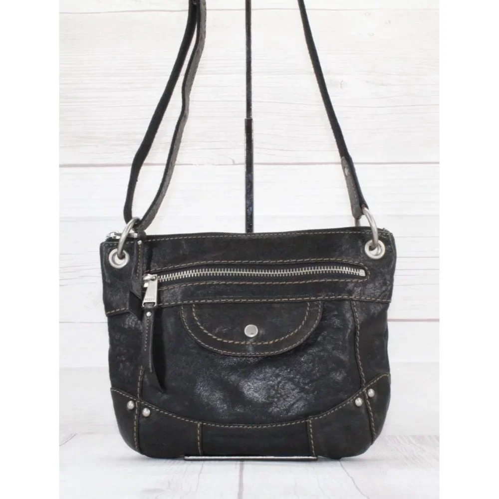 Fossil Black Leather Zip Top Crossbody Purse Shoulder Bag - Picture 2 of 9